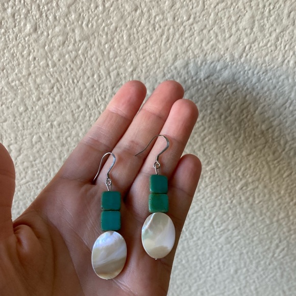 Bohemian Shell Style and Turquoise Colored Glass Earrings - Picture 2 of 5